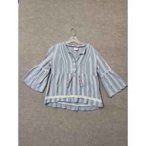 Knox Rose Blouse Top Womens M Blue Striped Tasseled Bell Sleeves Cotton Boho